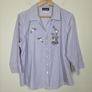 Vtg 90s Y2K Get Lucky Purple Pinstripe Hummingbird Button Up Large Cottagecore